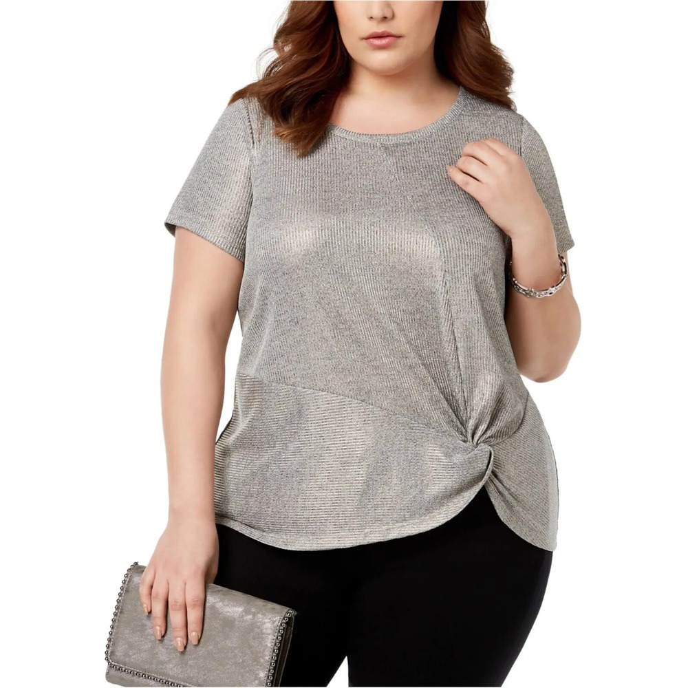 INC International Concepts Plus Glitz Silver Blouse Size 1X Twist Front Top